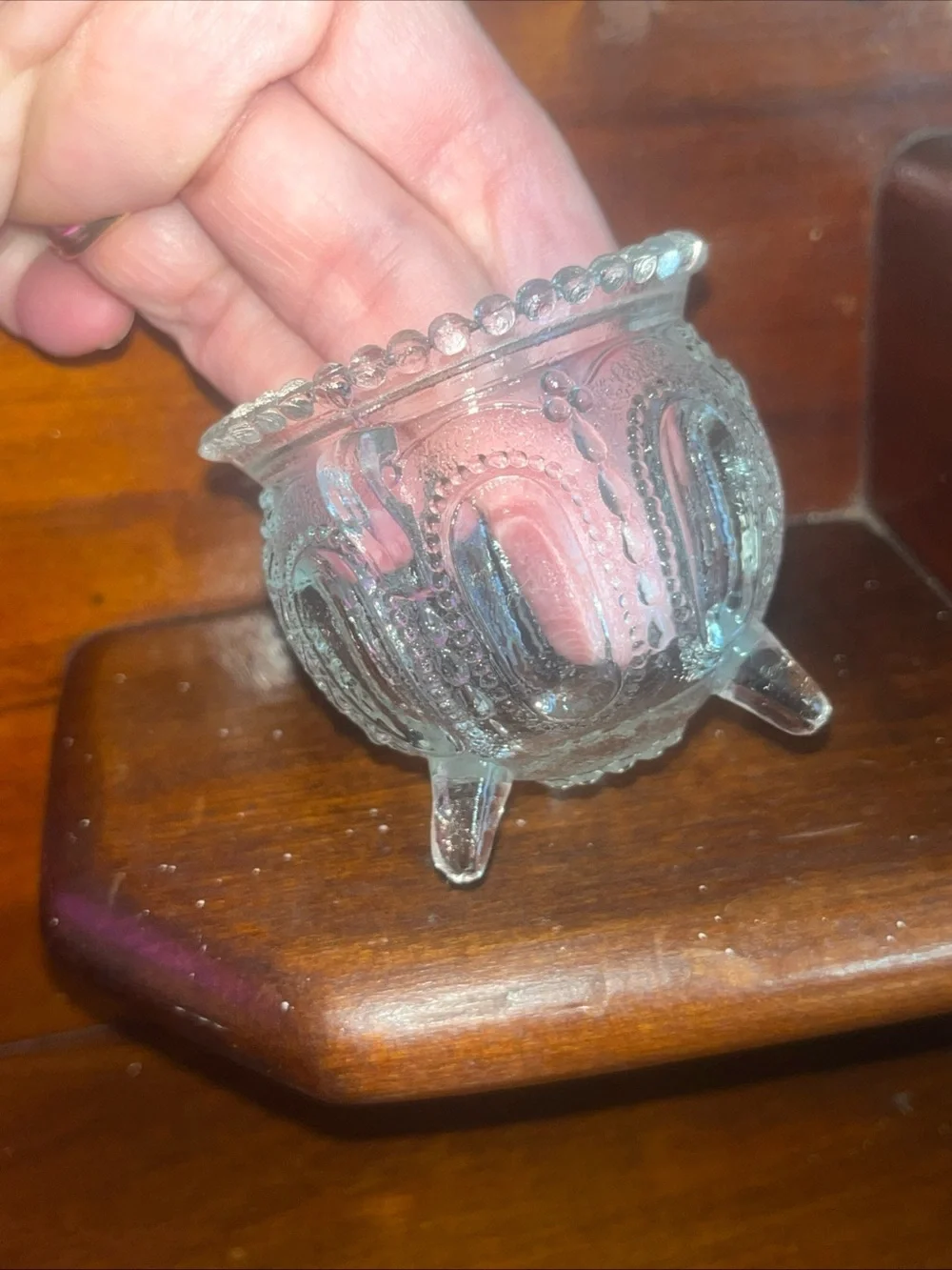 Vintage Crystal Glass Gypsy Footed Pot Toothpick Jewelry Holder Decor